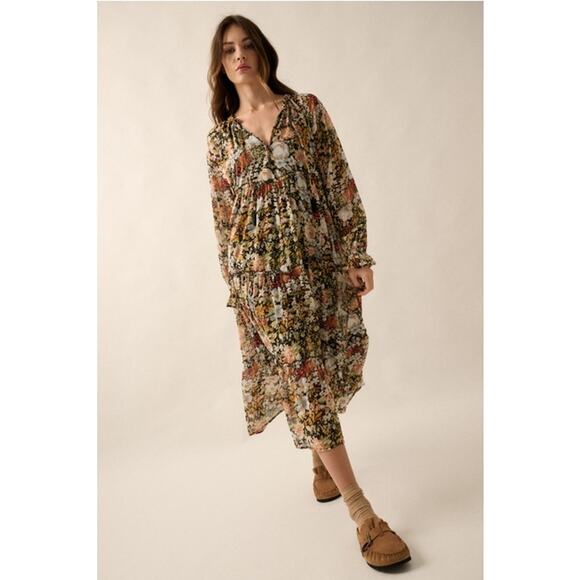 Promesa Black Size Small Floral V-Neck Chiffon Midi Dress - Picture 3 of 9